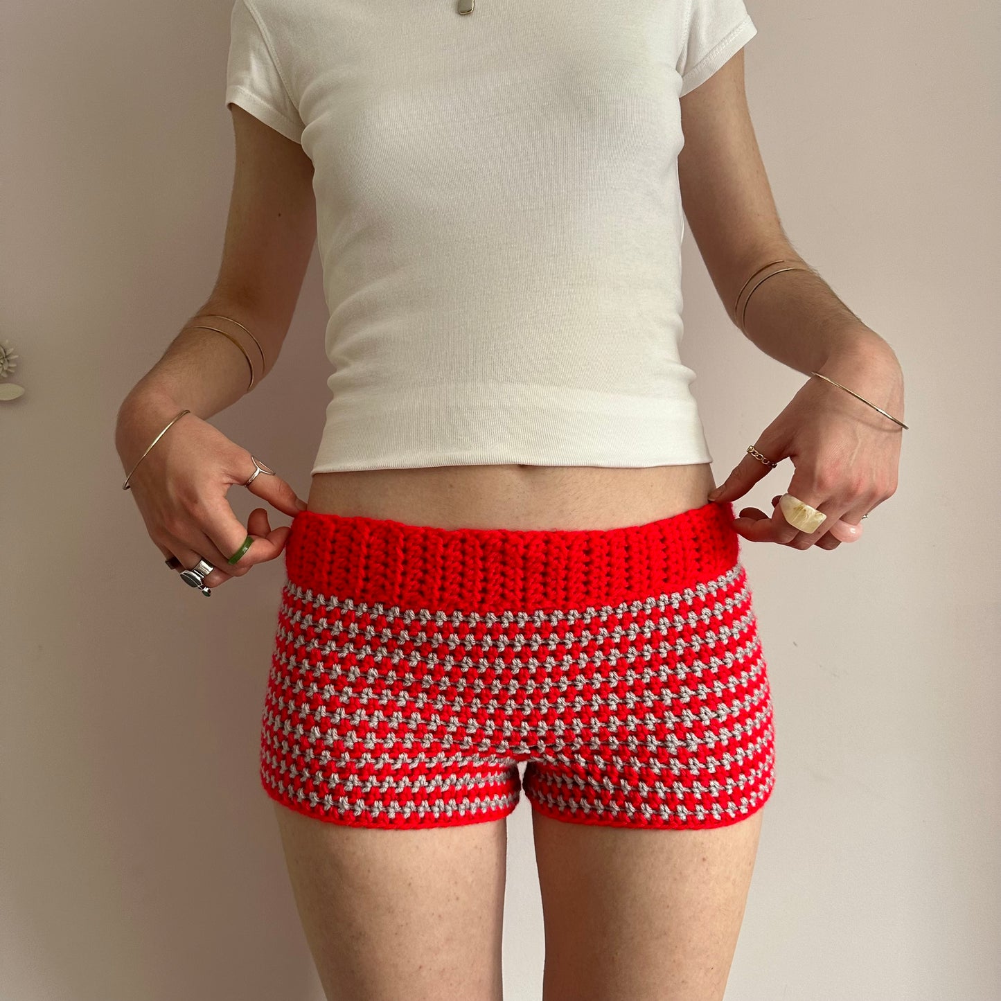 Handmade red and light grey striped crochet shorts