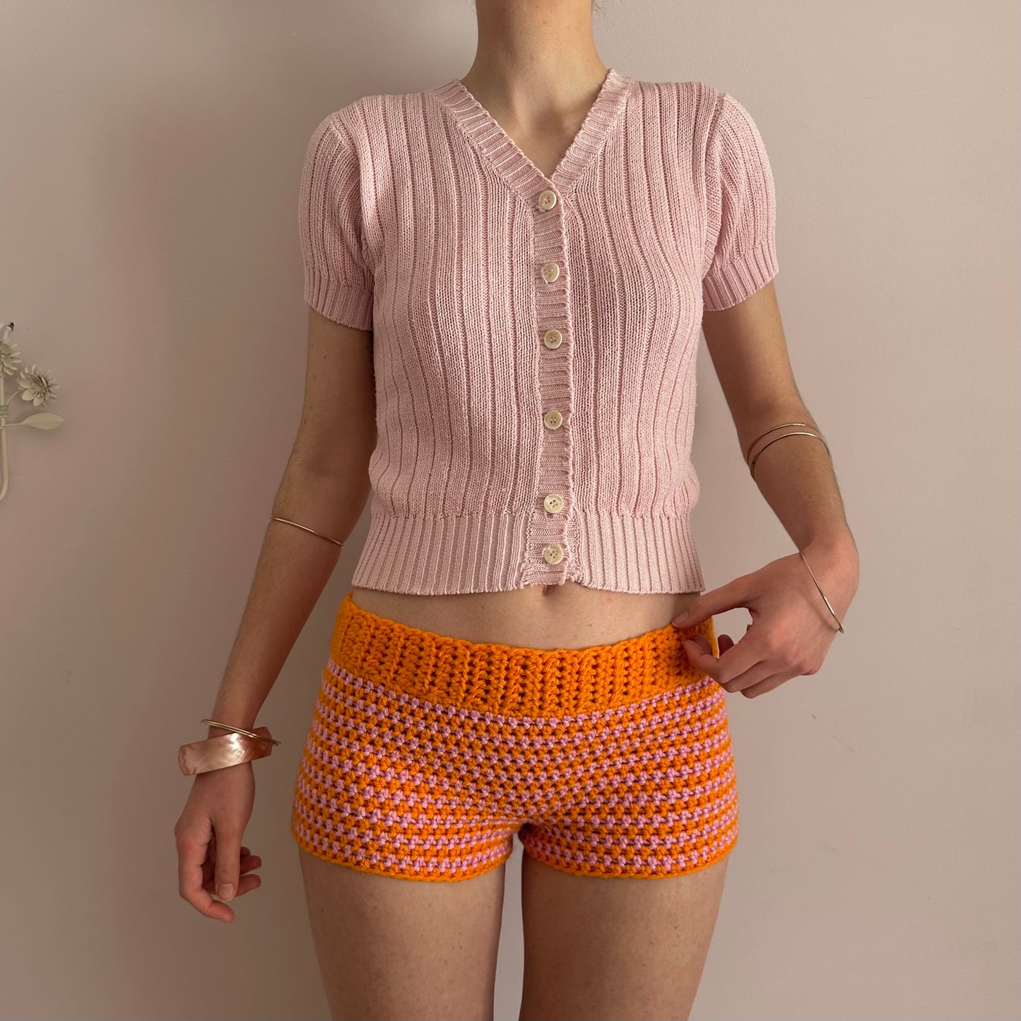 Handmade orange and pink striped crochet shorts