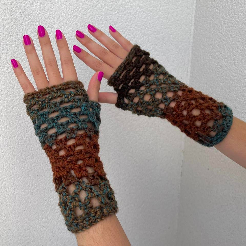 Handmade ombré brown and blue crochet fishnet hand warmers