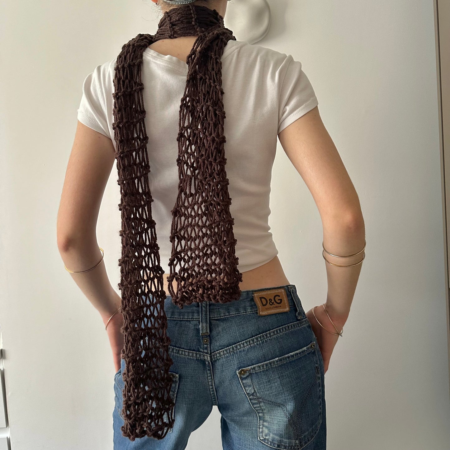 Handmade fishnet knitted scarf in brown