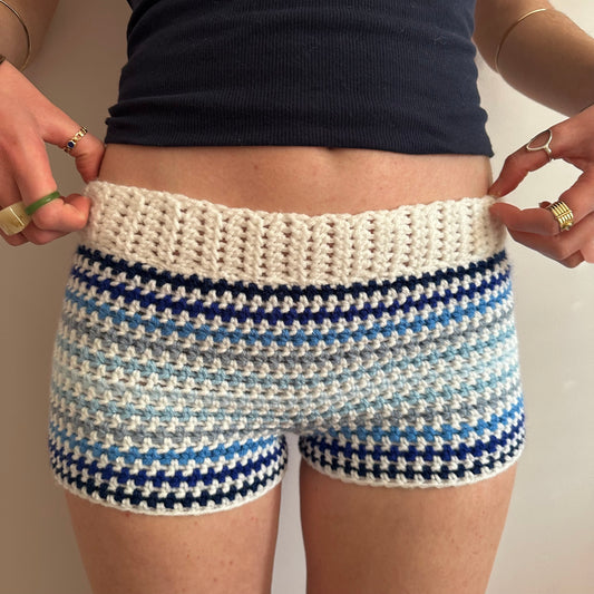 Handmade white and blue ombré striped crochet shorts