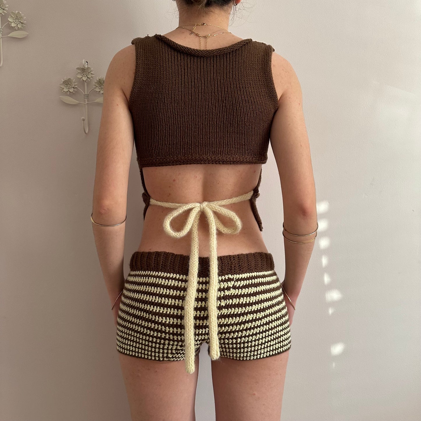 The Sienna Set - matching striped crochet shorts and bow tie up knit vest top