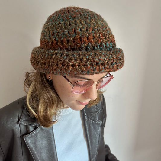 Handmade blue and brown chunky crochet bowler hat