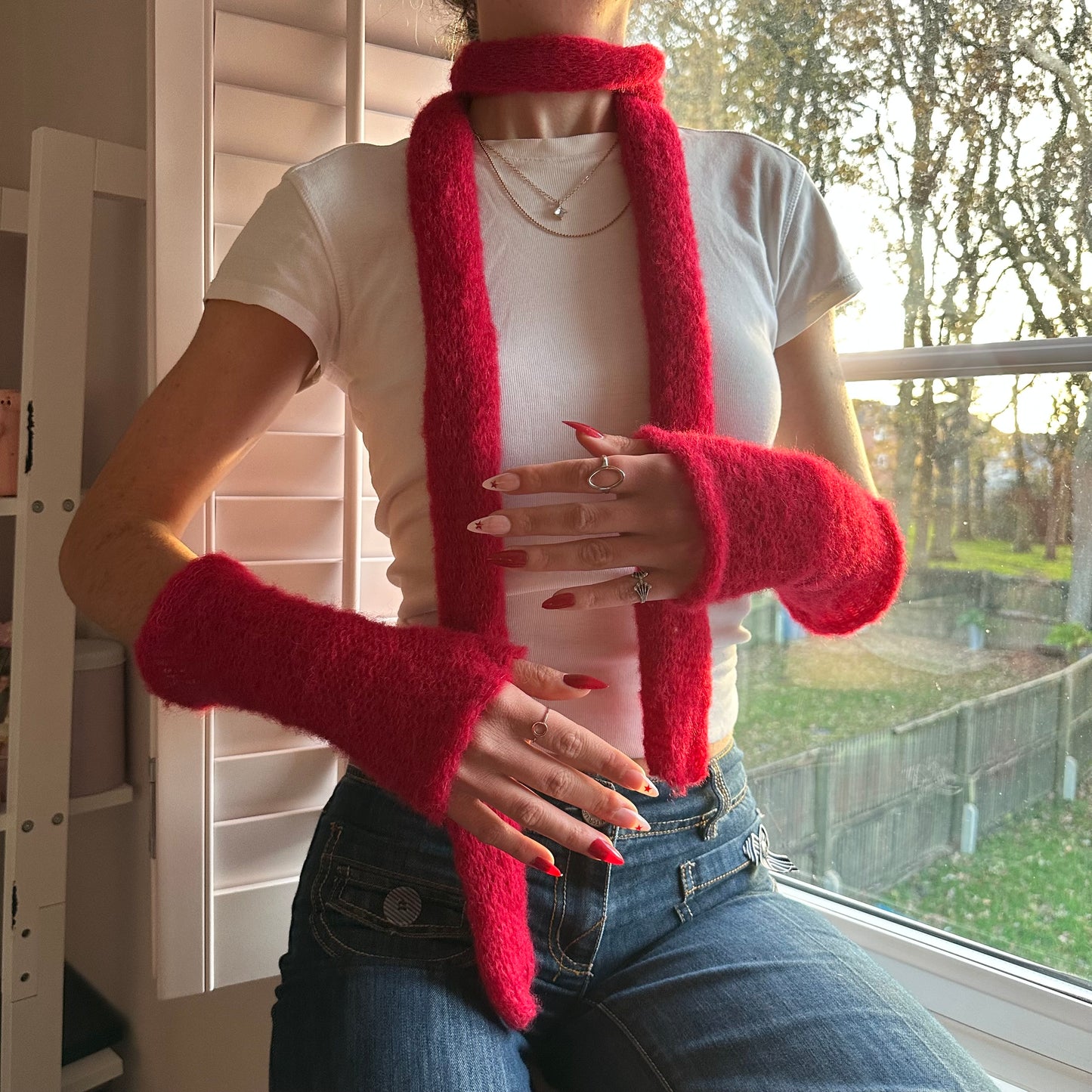 Handmade reversible knitted red mohair hand warmers