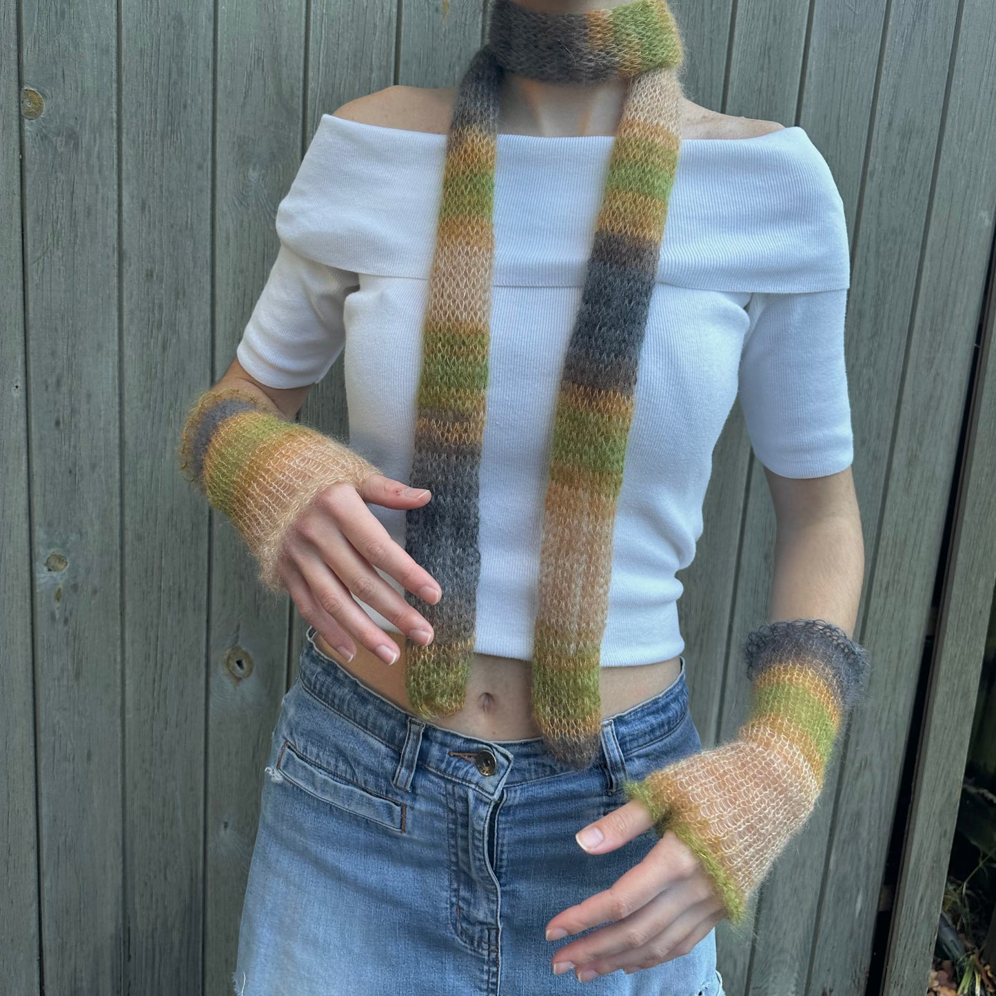 Handmade knitted mohair skinny scarf in ombré earth tones