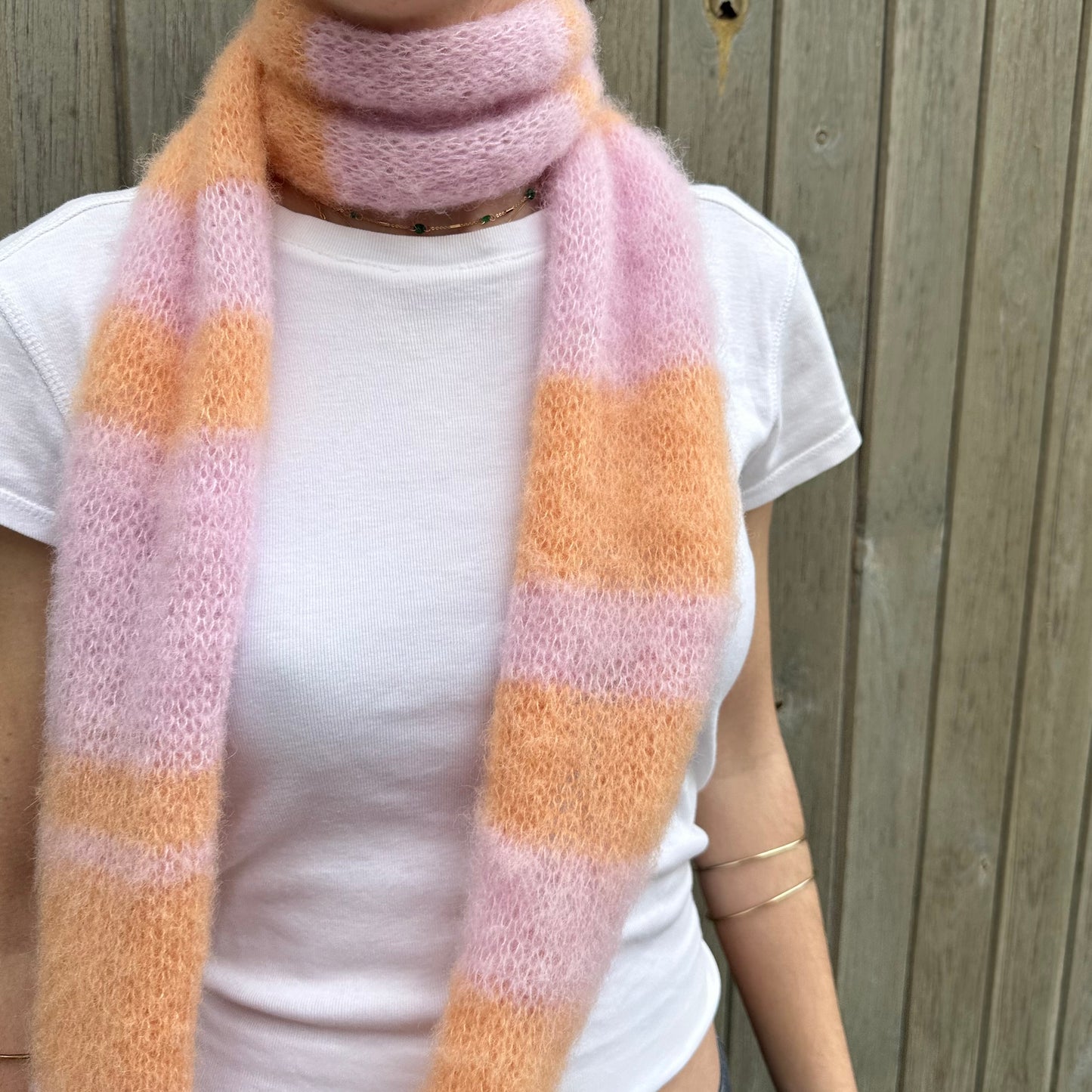 Handmade knitted baby pink and orange brushed mohair striped scarf