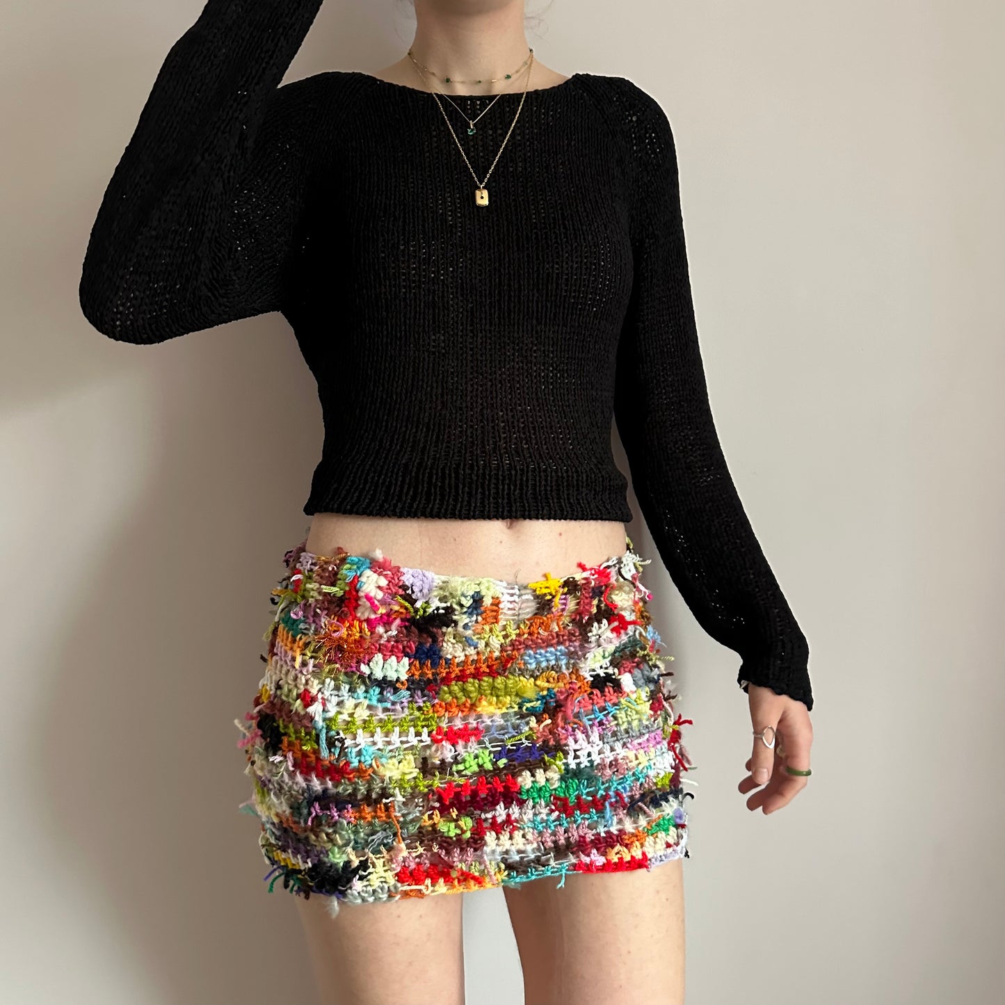 Handmade scrappy crochet mini skirt - 1 of 1, made of leftover yarn scraps