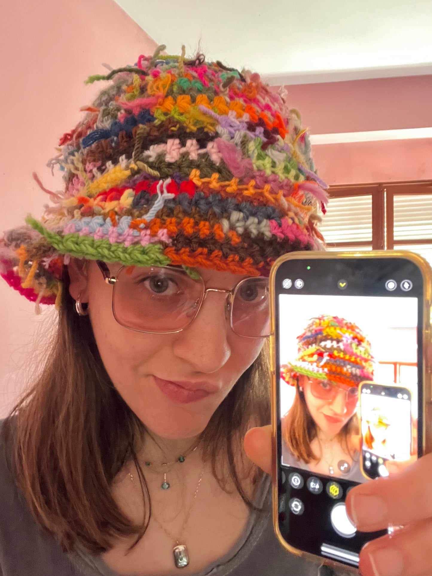 1 of 1 handmade crochet bucket hat made from leftover scraps of yarn