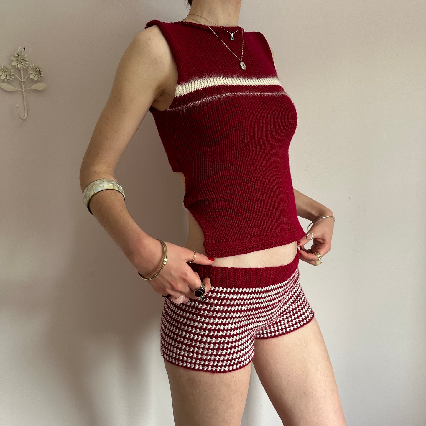 The Cherry Set - matching striped crochet shorts and bow tie up knit vest top