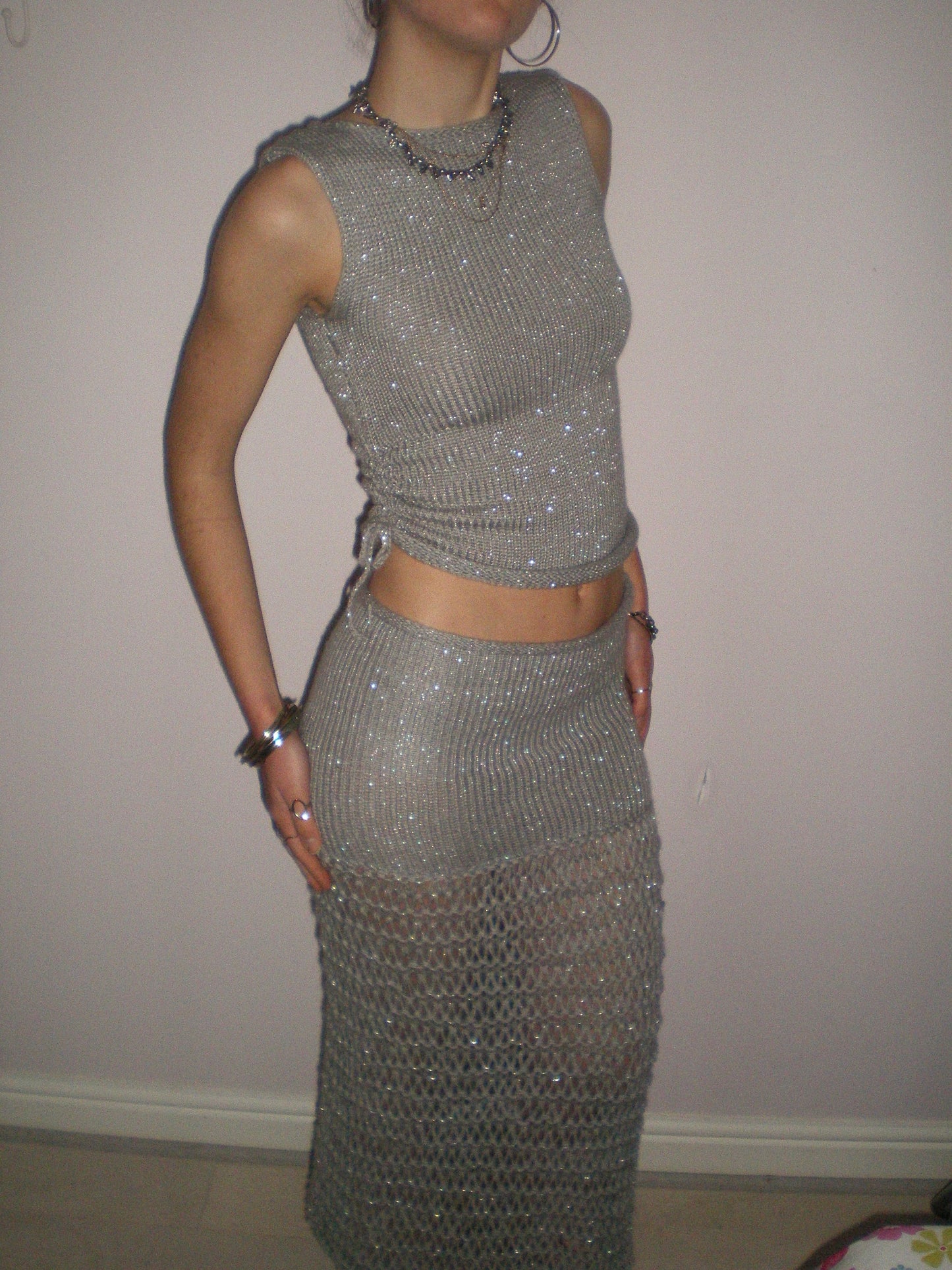 The Chainmail Skirt - handmade silver metallic mesh maxi skirt