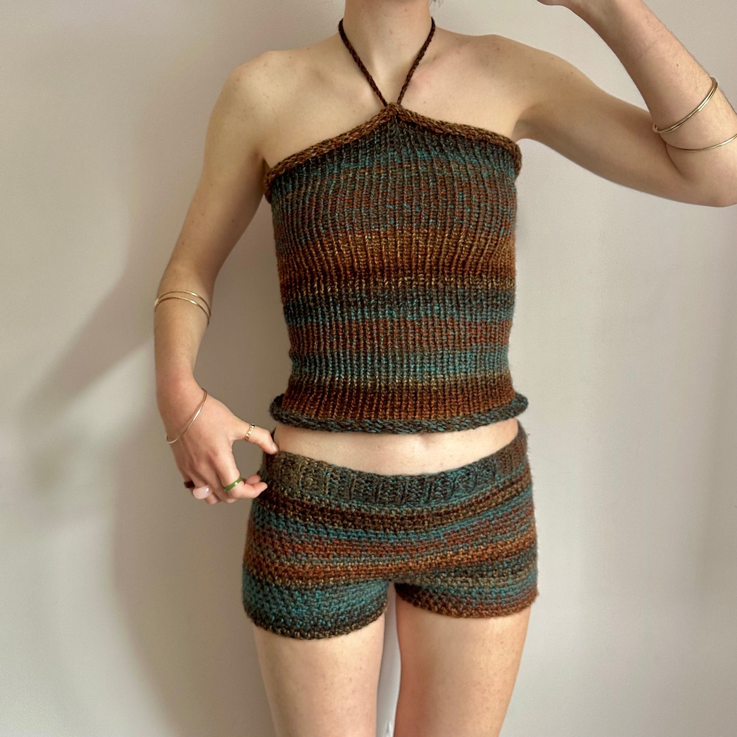 Handmade brown and blue ombré striped crochet shorts