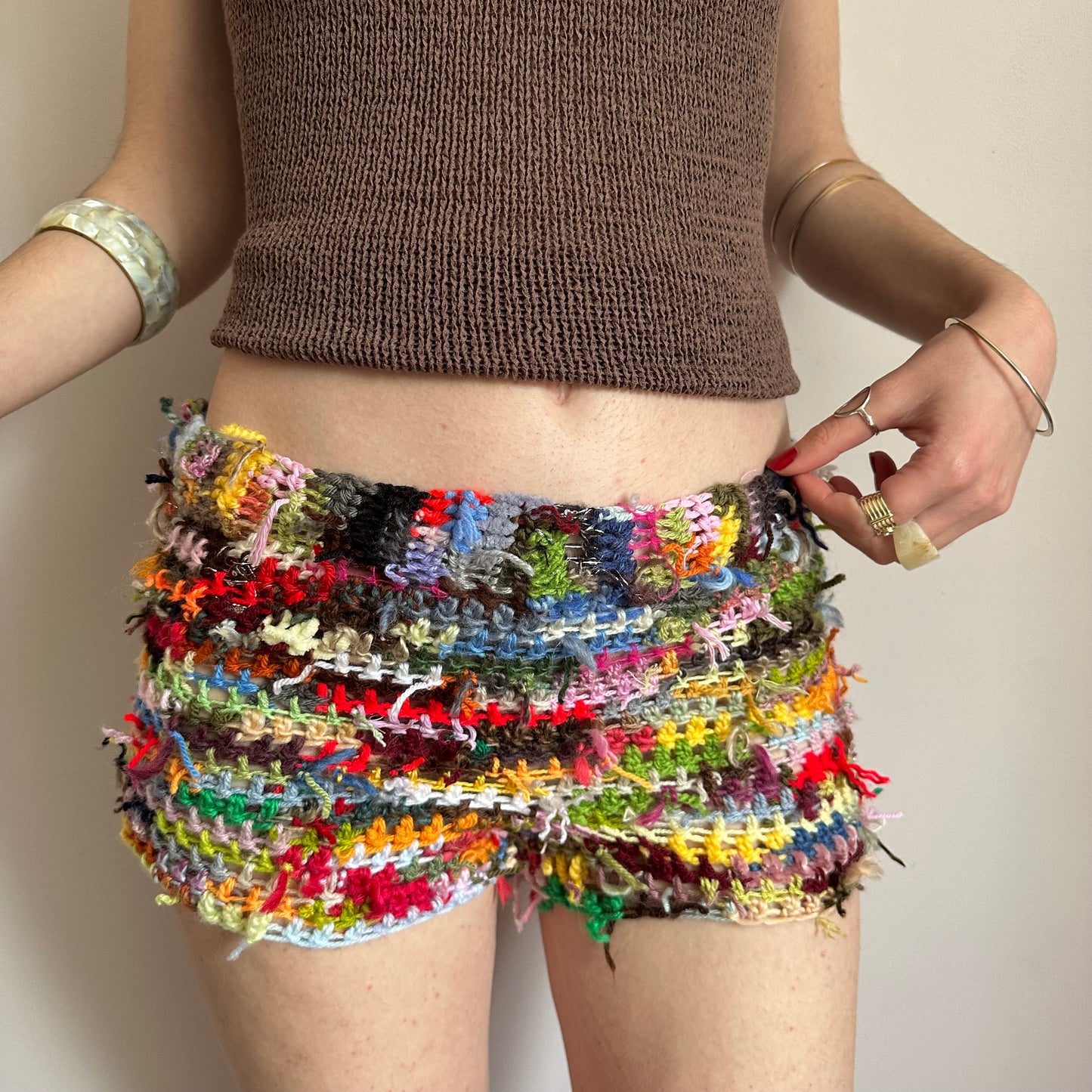 Handmade scrappy crochet shorts - 1 of 1, made of leftover yarn scraps