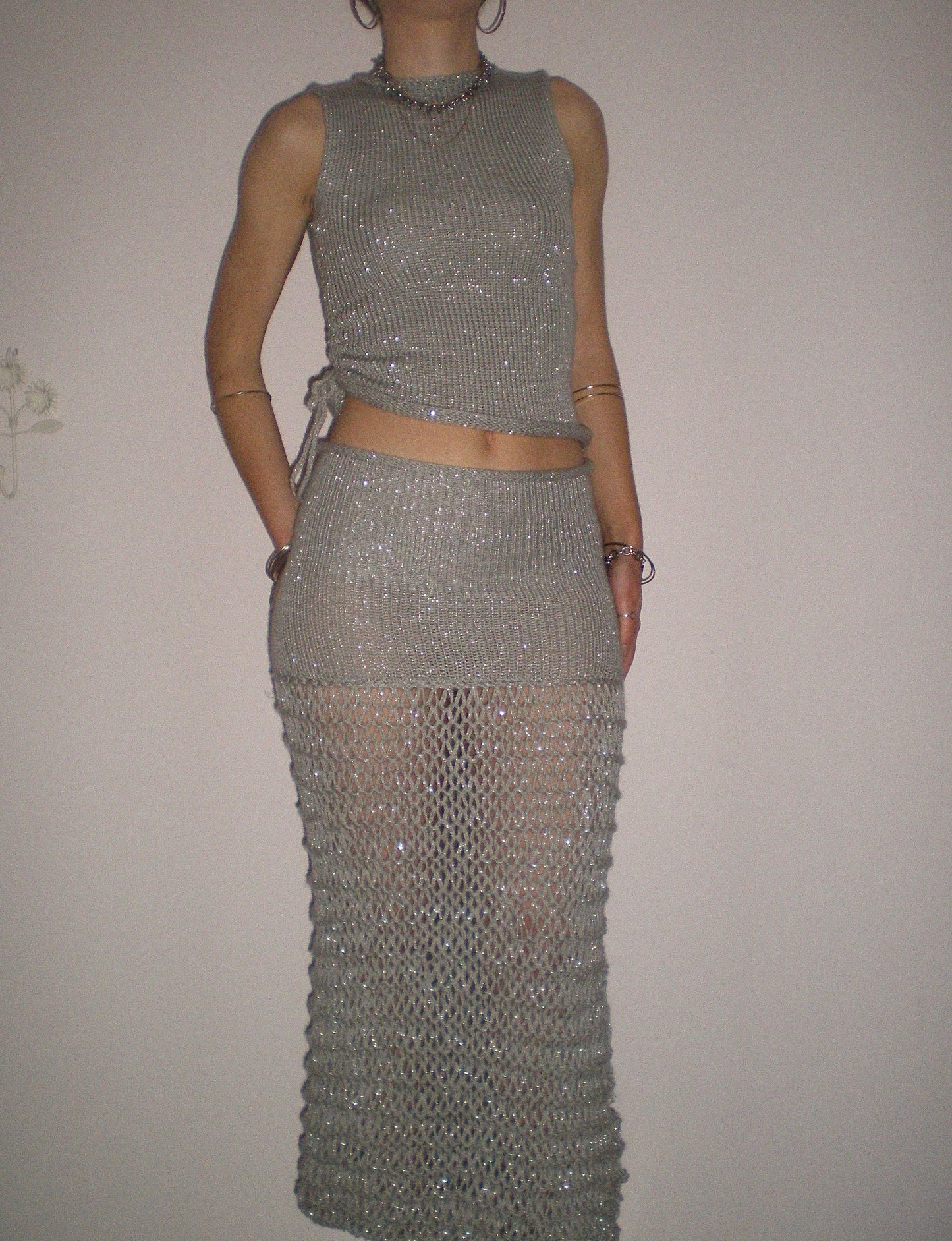 The Chainmail Set - handmade silver metallic ruched vest & matching maxi skirt