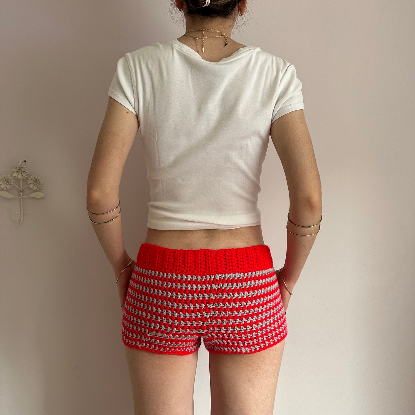 Handmade red and light grey striped crochet shorts