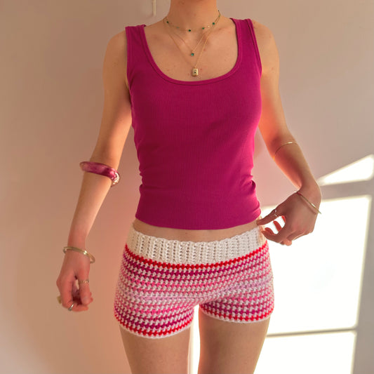 Handmade white and pink ombré striped crochet shorts