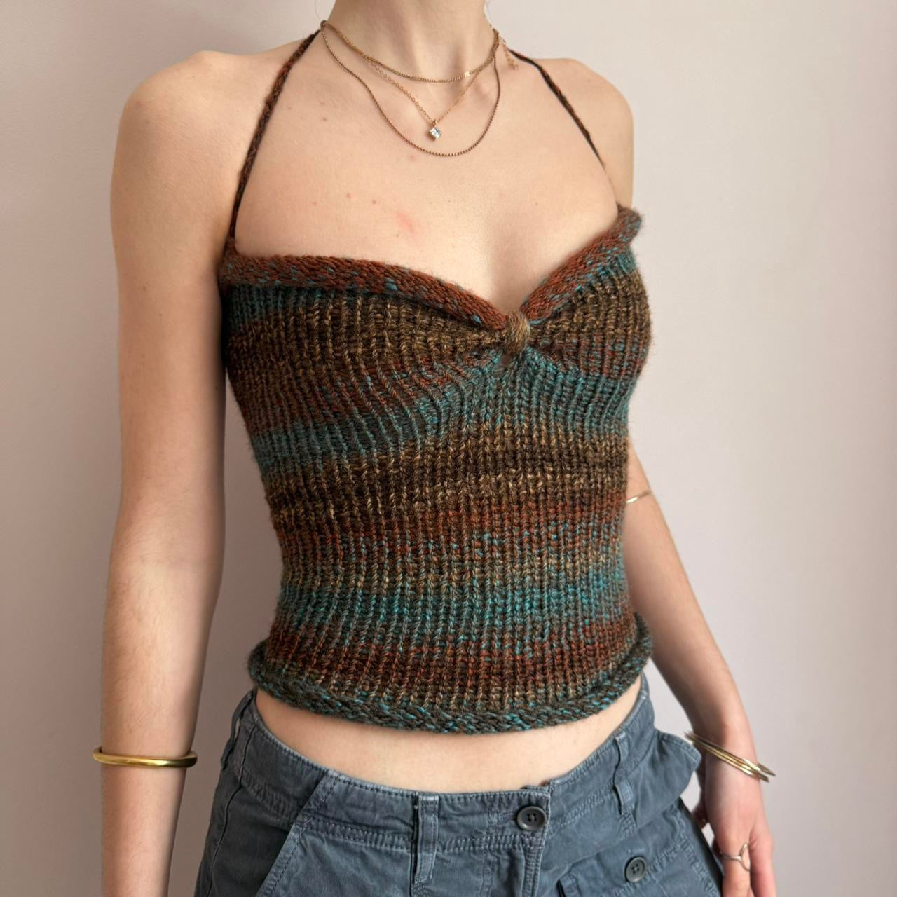 Handmade brown and blue ruched bust ombré knitted halter top