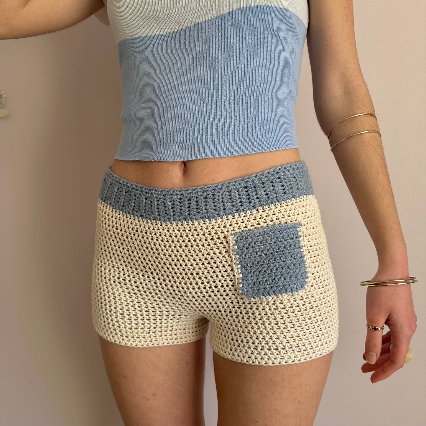 Handmade crochet shorts in cream and baby blue with pocket