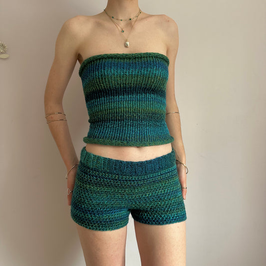 Matching set: green and blue striped crochet shorts and knit bandeau top