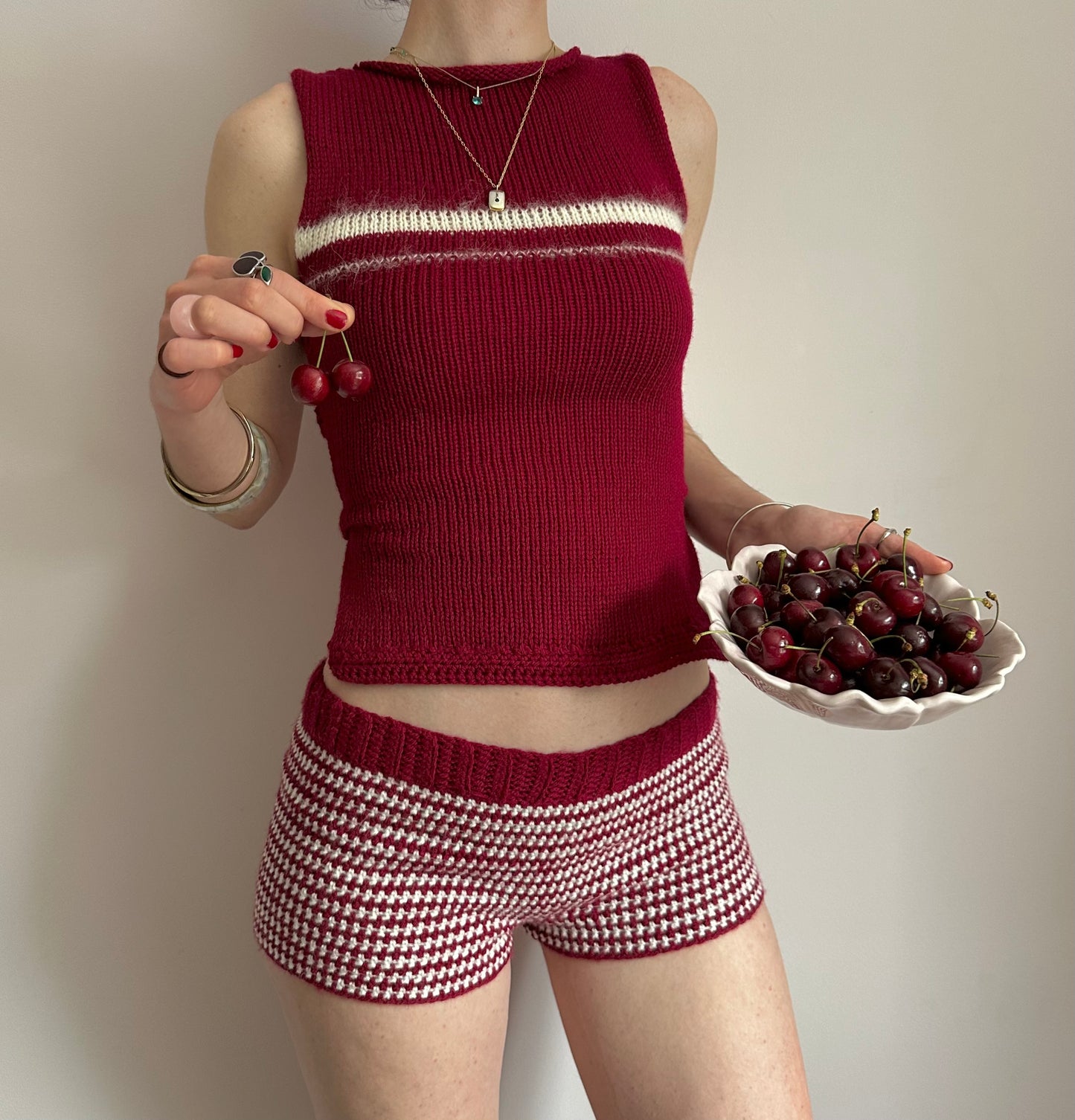 The Cherry Set - matching striped crochet shorts and bow tie up knit vest top