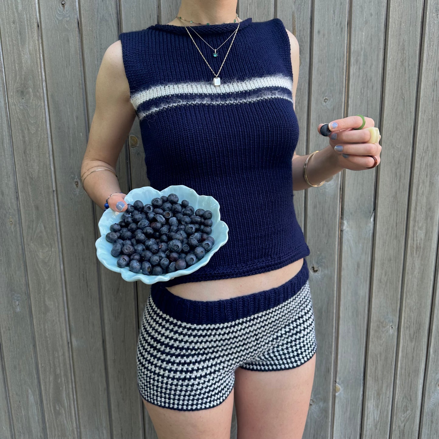 The Blueberry Shorts - navy blue and cream striped crochet shorts