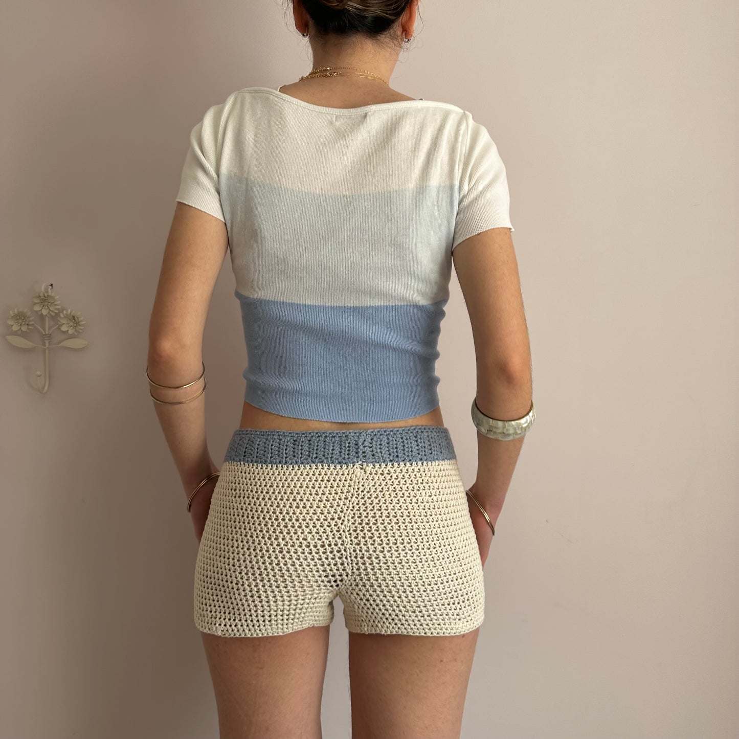 Handmade crochet shorts in cream and baby blue with pocket