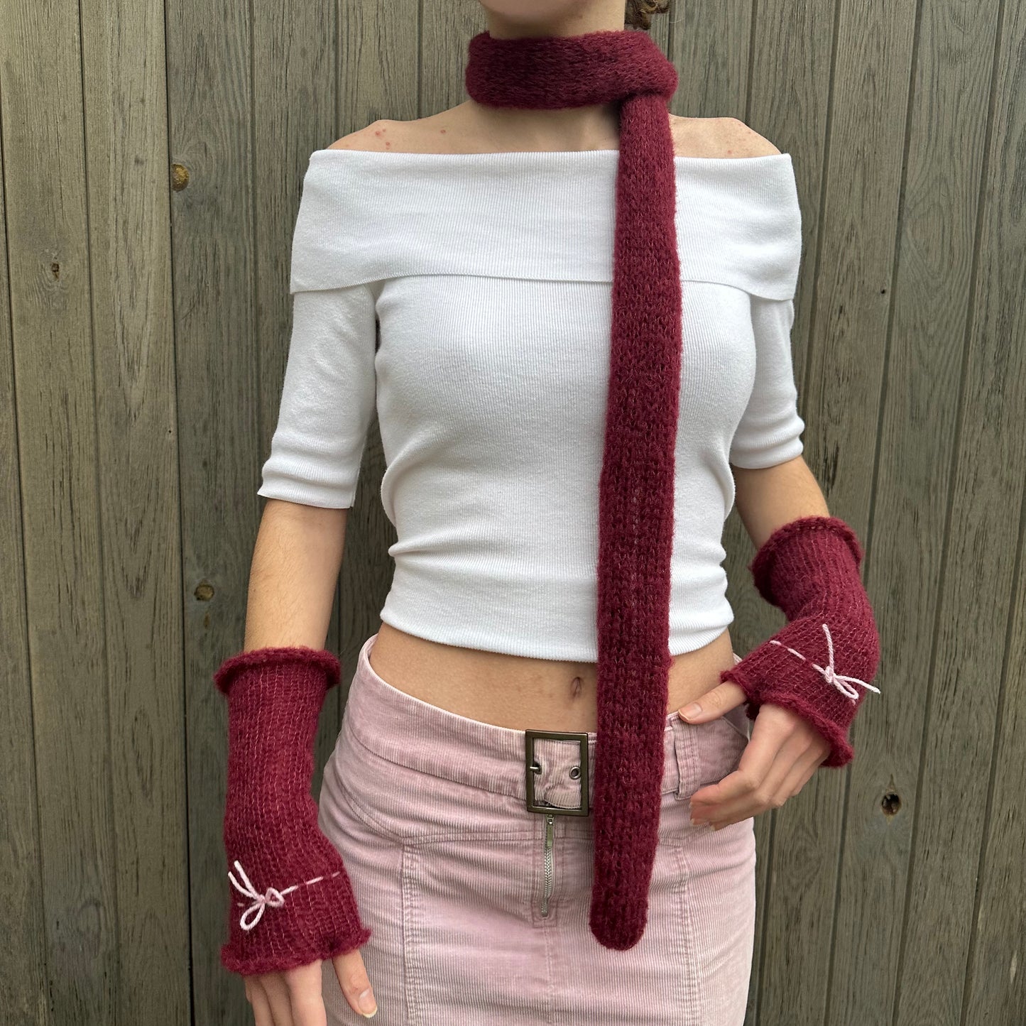 Handmade knitted mohair skinny scarf in burgundy