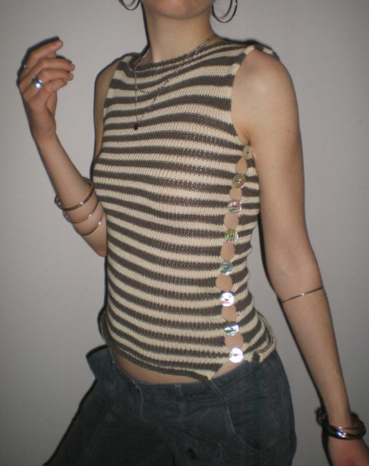 Striped Pearl Vest in mocha and cream - handmade knitted vest with abalone shell buttons (LIMITED EDITION)