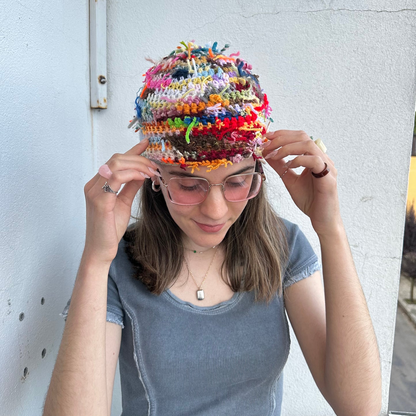 1 of 1 handmade crochet beanie hat made from leftover scraps of yarn