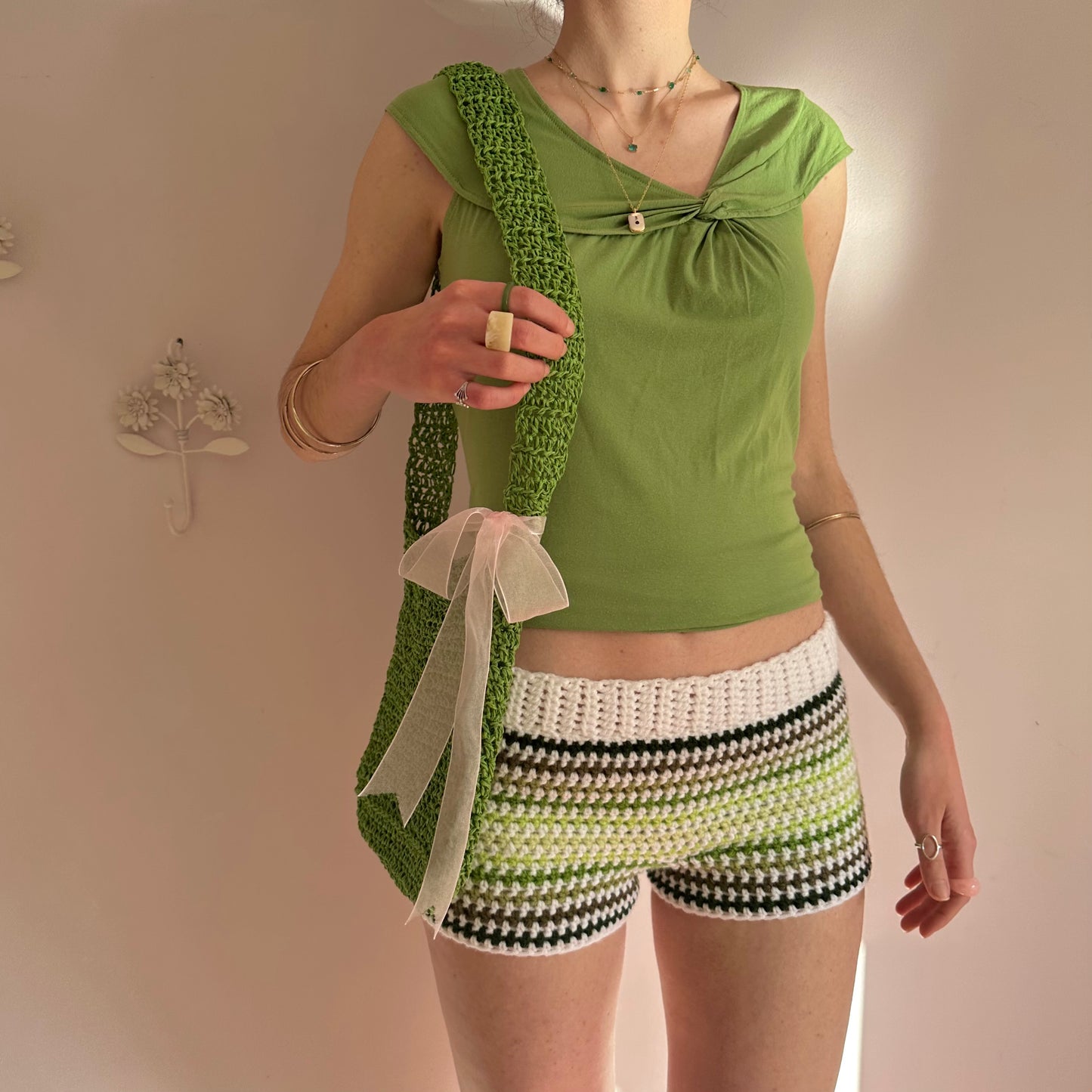 Handmade white and green ombré striped crochet shorts