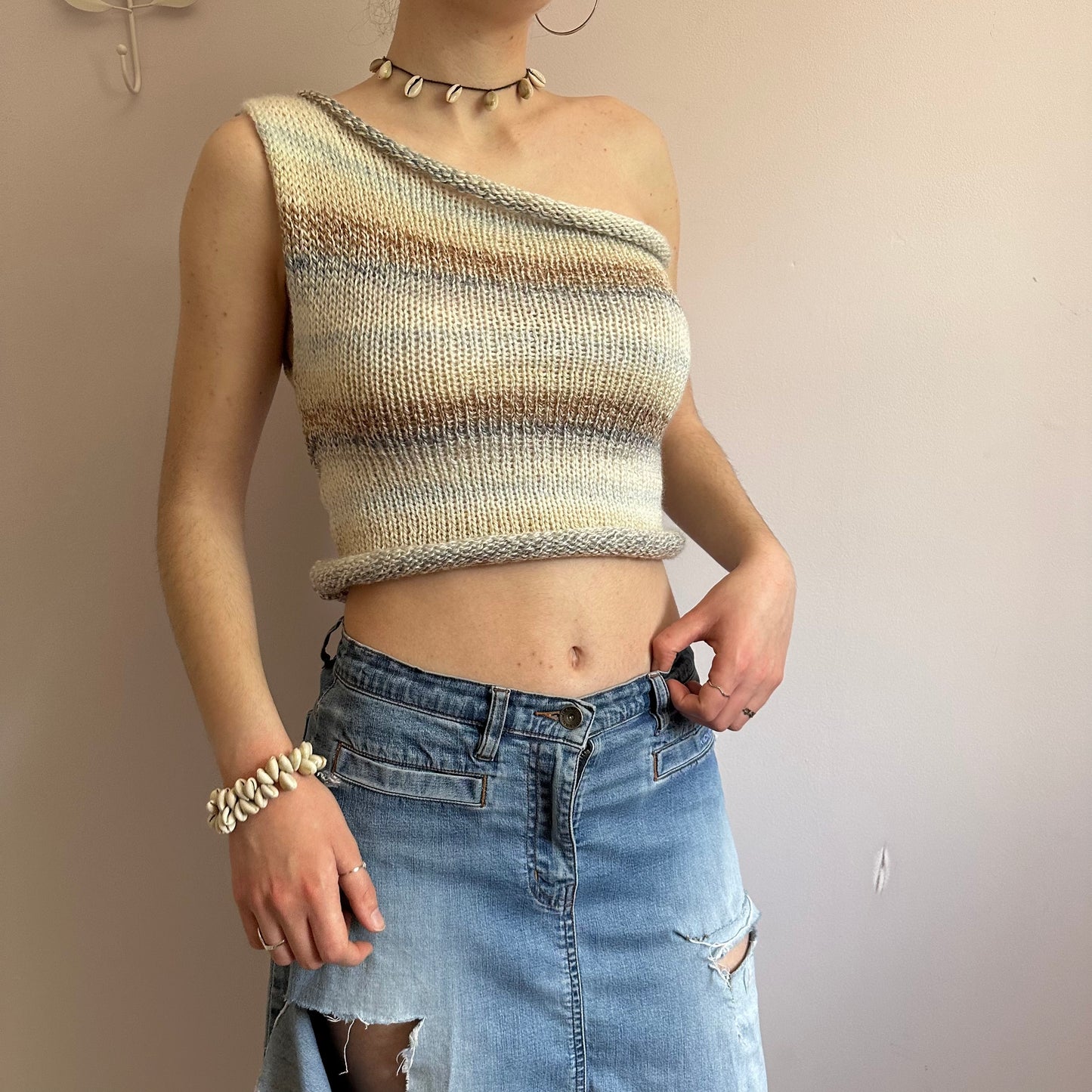 Handmade knitted one shoulder asymmetrical top in cream, baby blue and brown