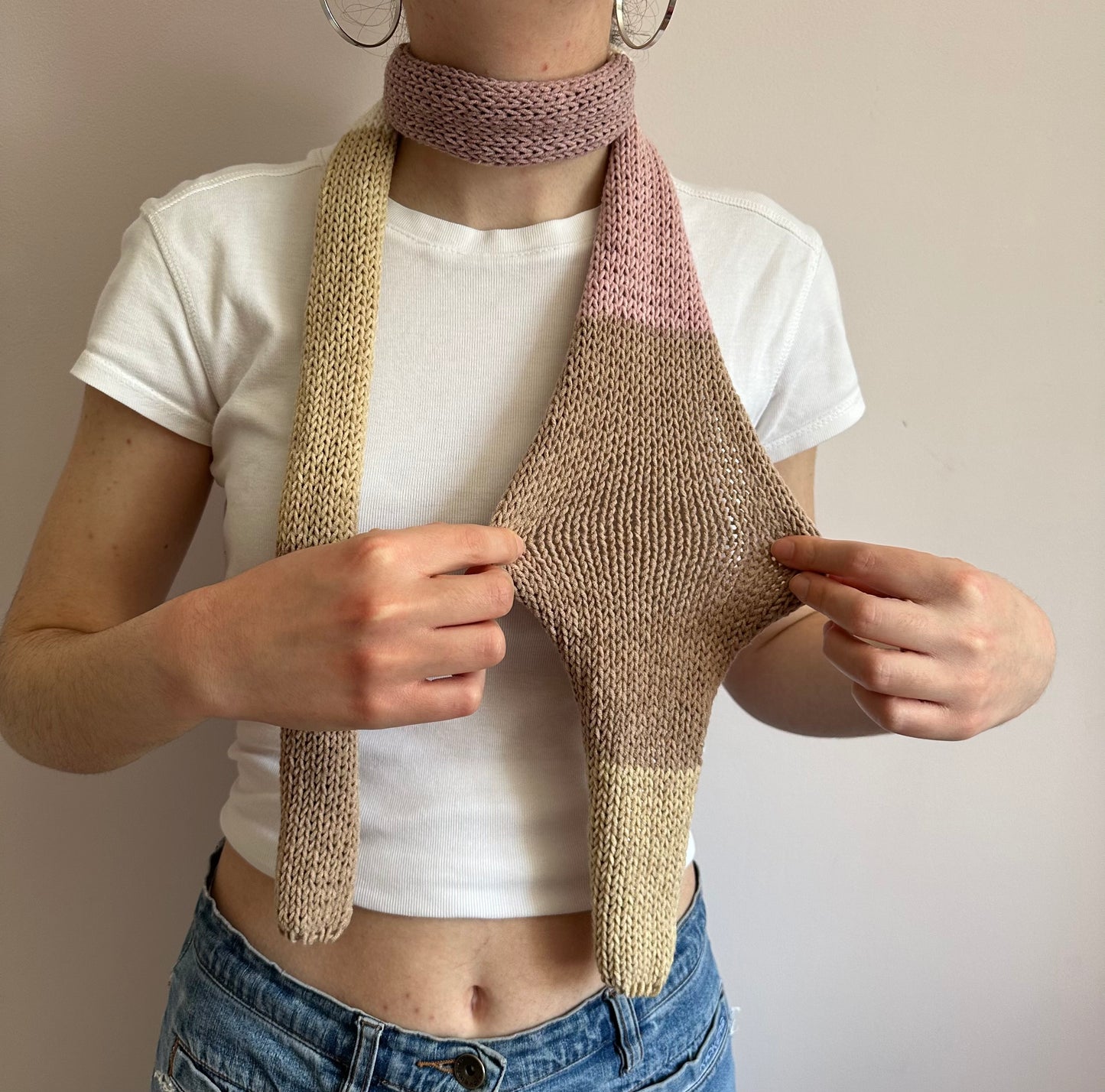 Handmade knitted colour block skinny scarf in beige and dusky pink