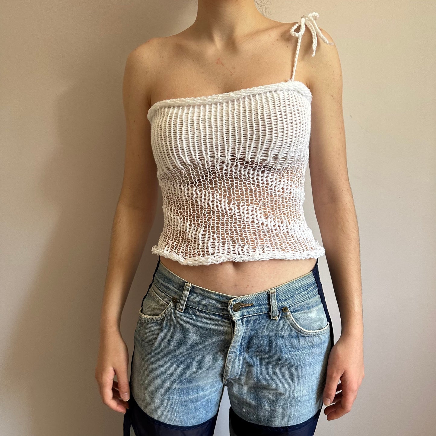 Handmade white lace knitted  asymmetrical top with bow strap