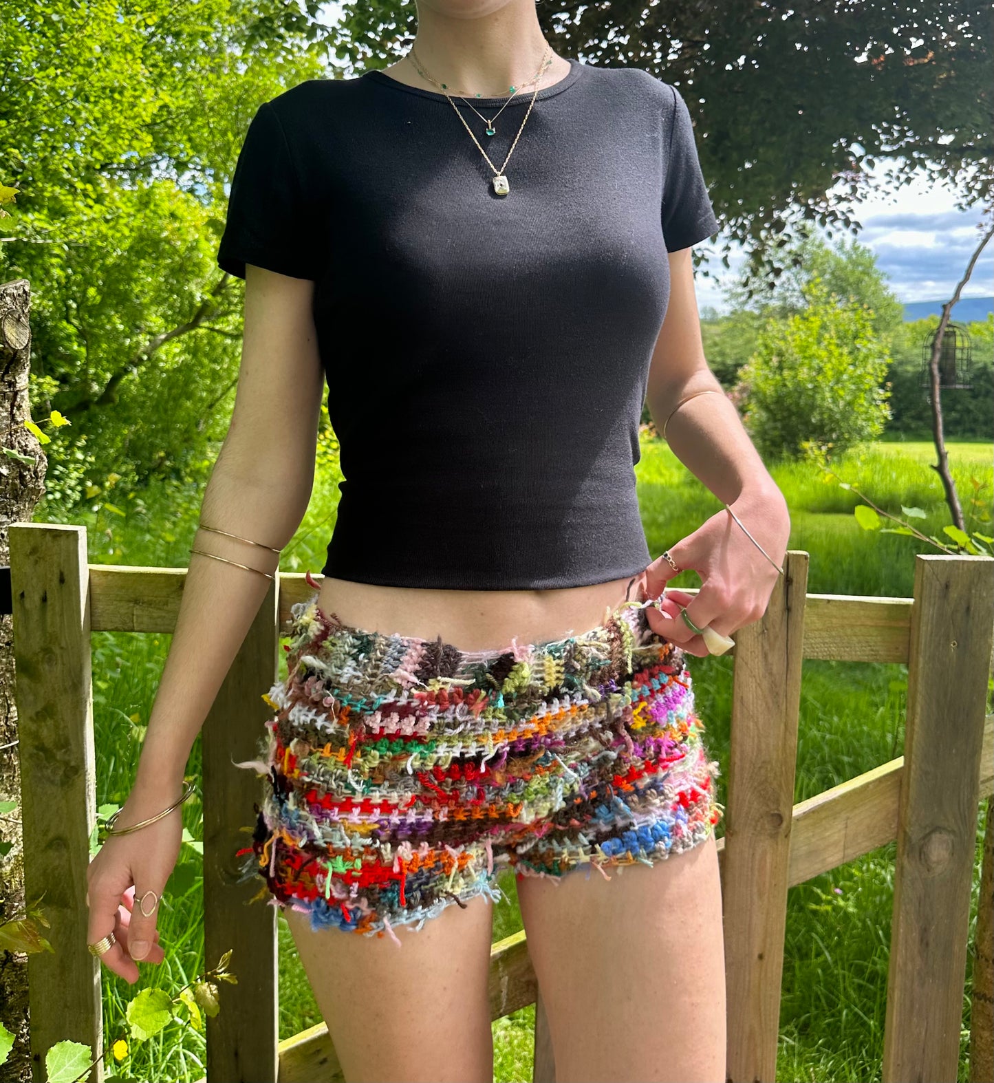 Handmade scrappy crochet shorts - 1 of 1, made of leftover yarn scraps