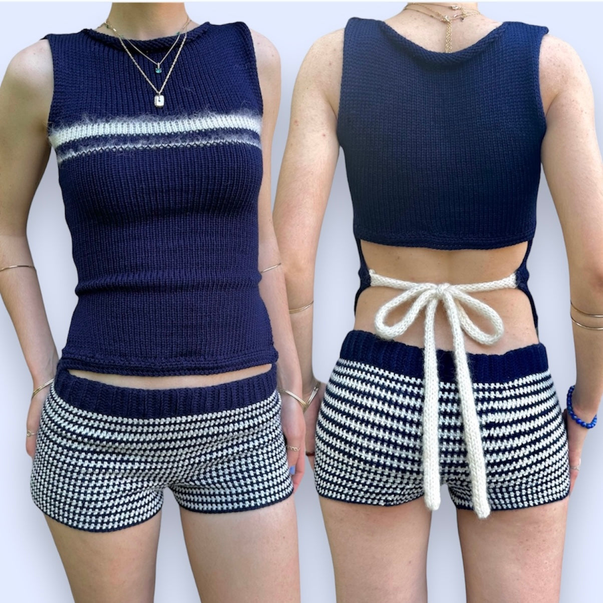 The Blueberry Set - matching striped crochet shorts and bow tie up knit vest top