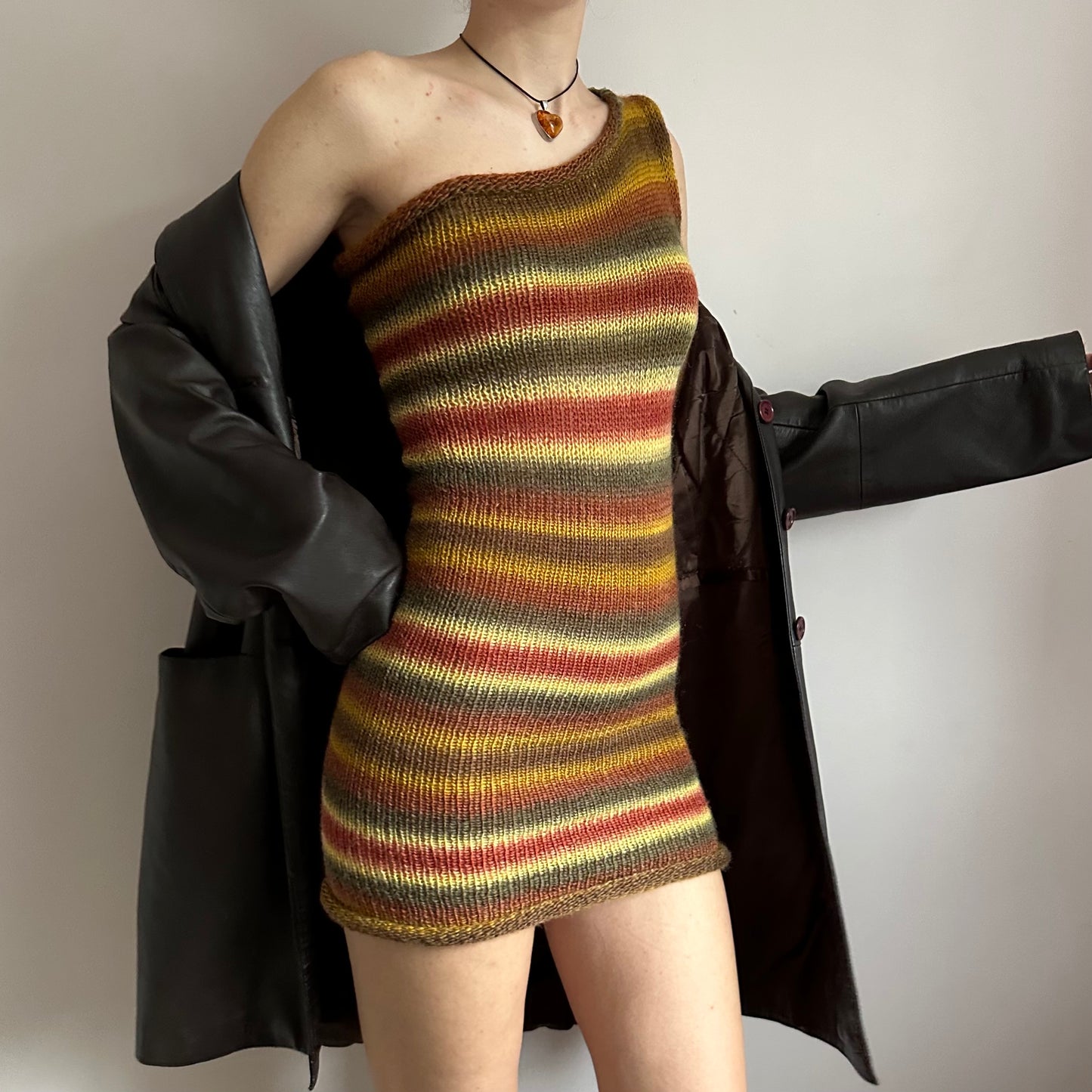 Handmade ombré earth tones one shoulder knit dress