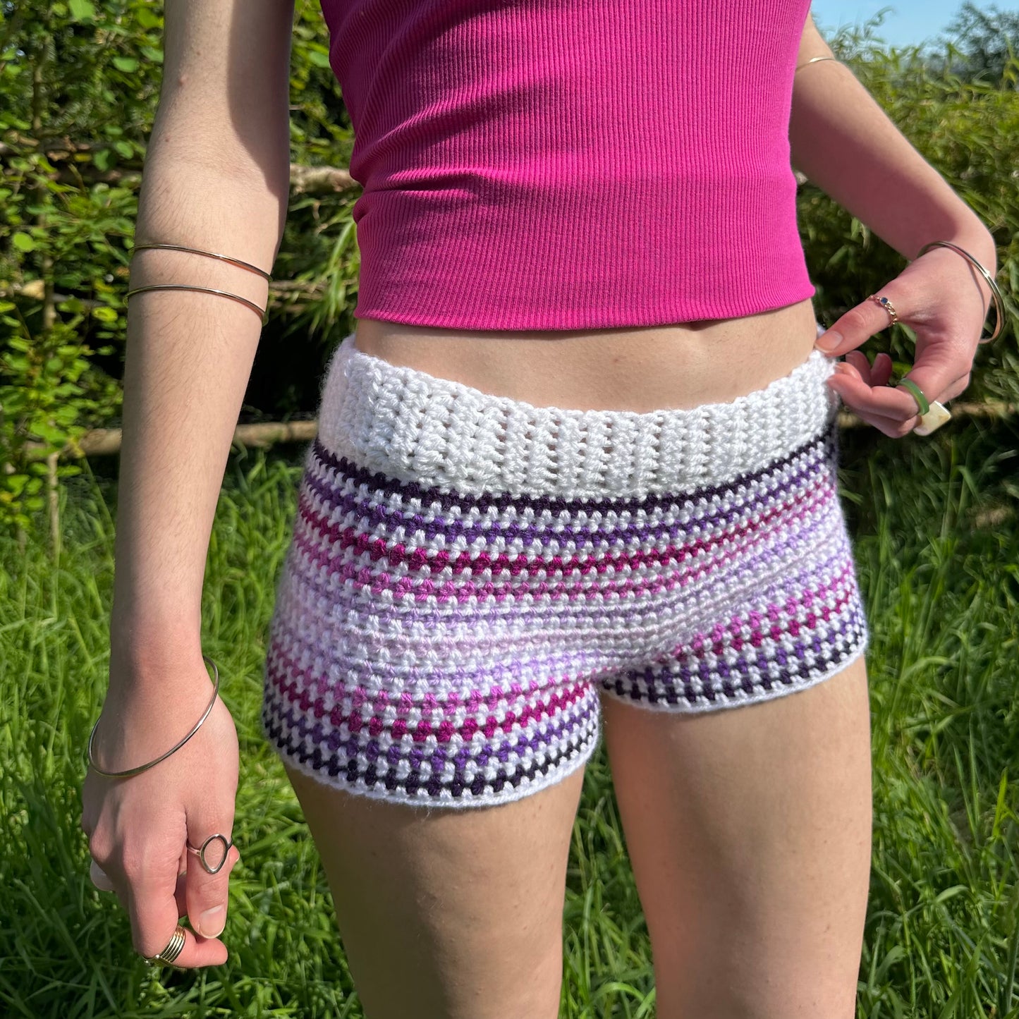 Handmade white and purple ombré striped crochet shorts