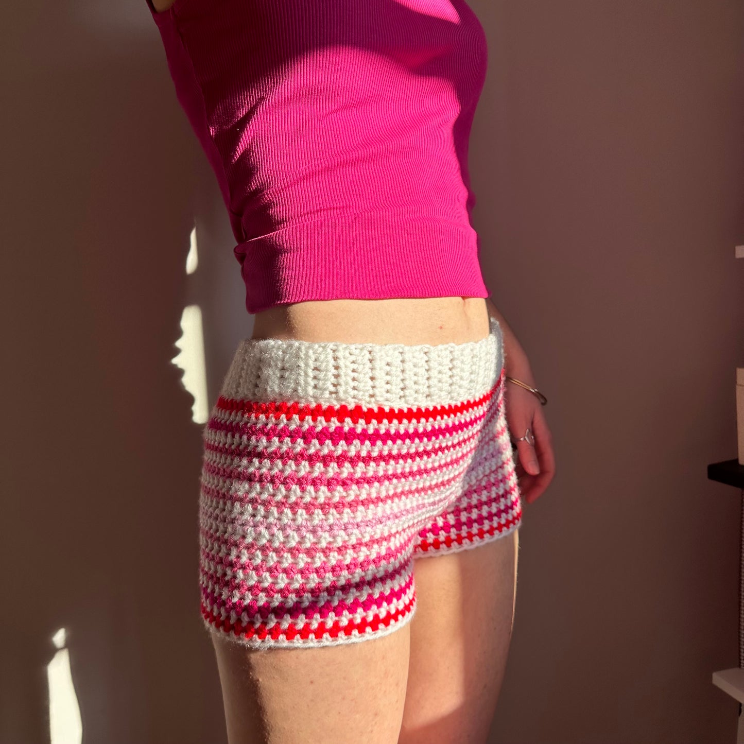 Handmade white and pink ombré striped crochet shorts