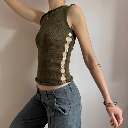 The Pearl Vest in khaki green - handmade knitted vest with mother of pearl buttons