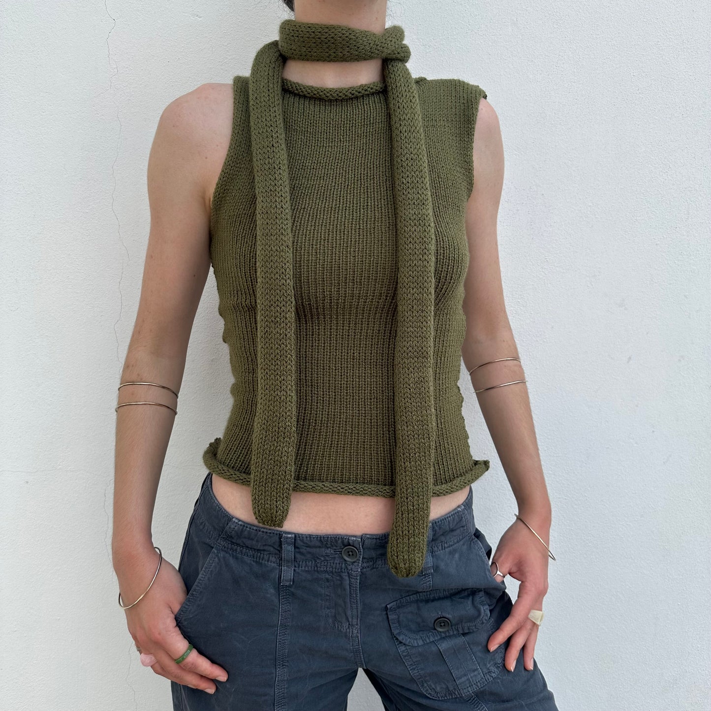 Handmade knitted skinny scarf in khaki green