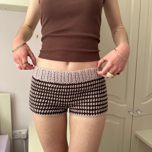 Handmade dusky pink and brown striped crochet shorts