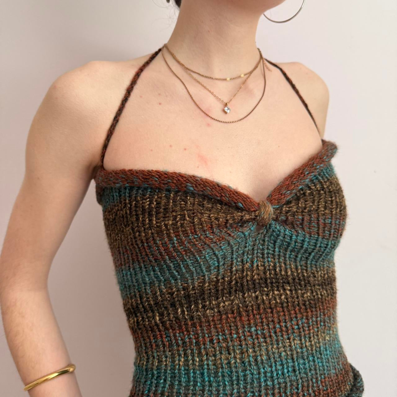 Handmade brown and blue ruched bust ombré knitted halter top