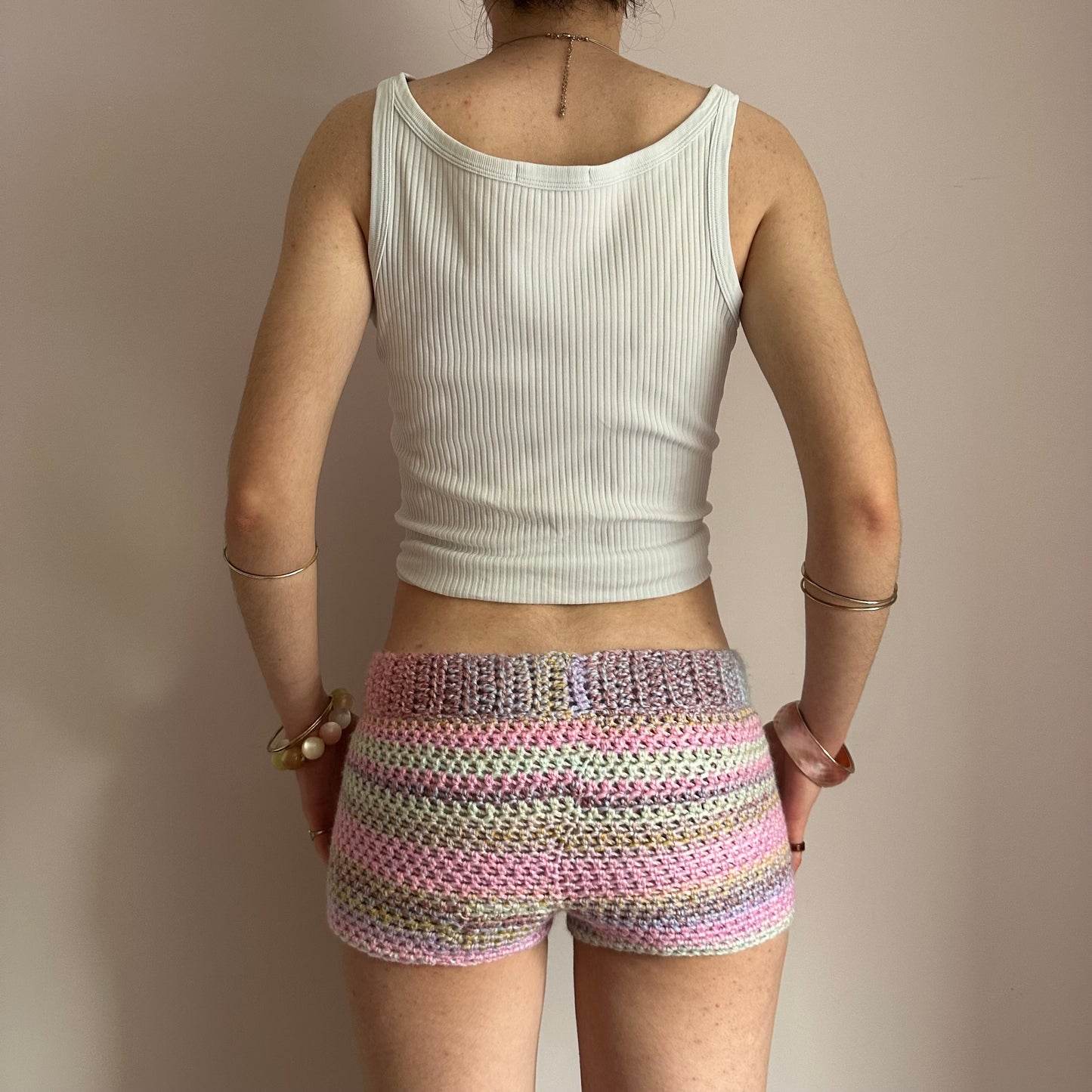 Handmade pastel shades ombré striped crochet shorts