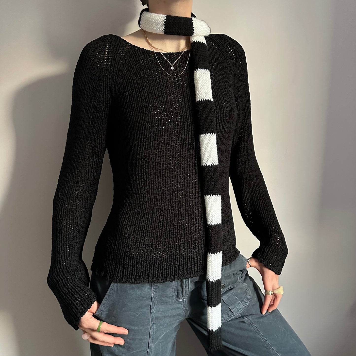 Handmade knitted striped skinny scarf in black and white