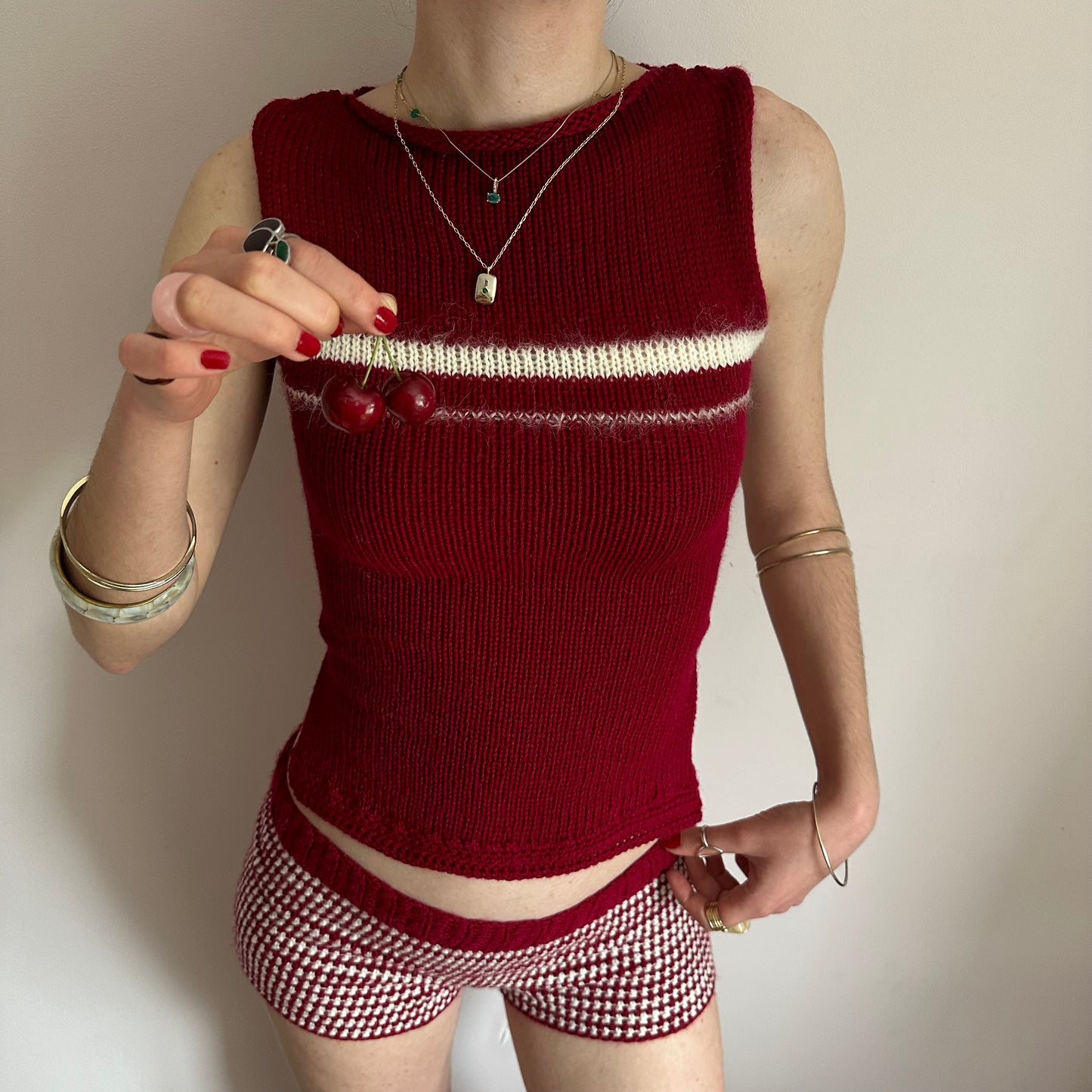 The Cherry Set - matching striped crochet shorts and bow tie up knit vest top