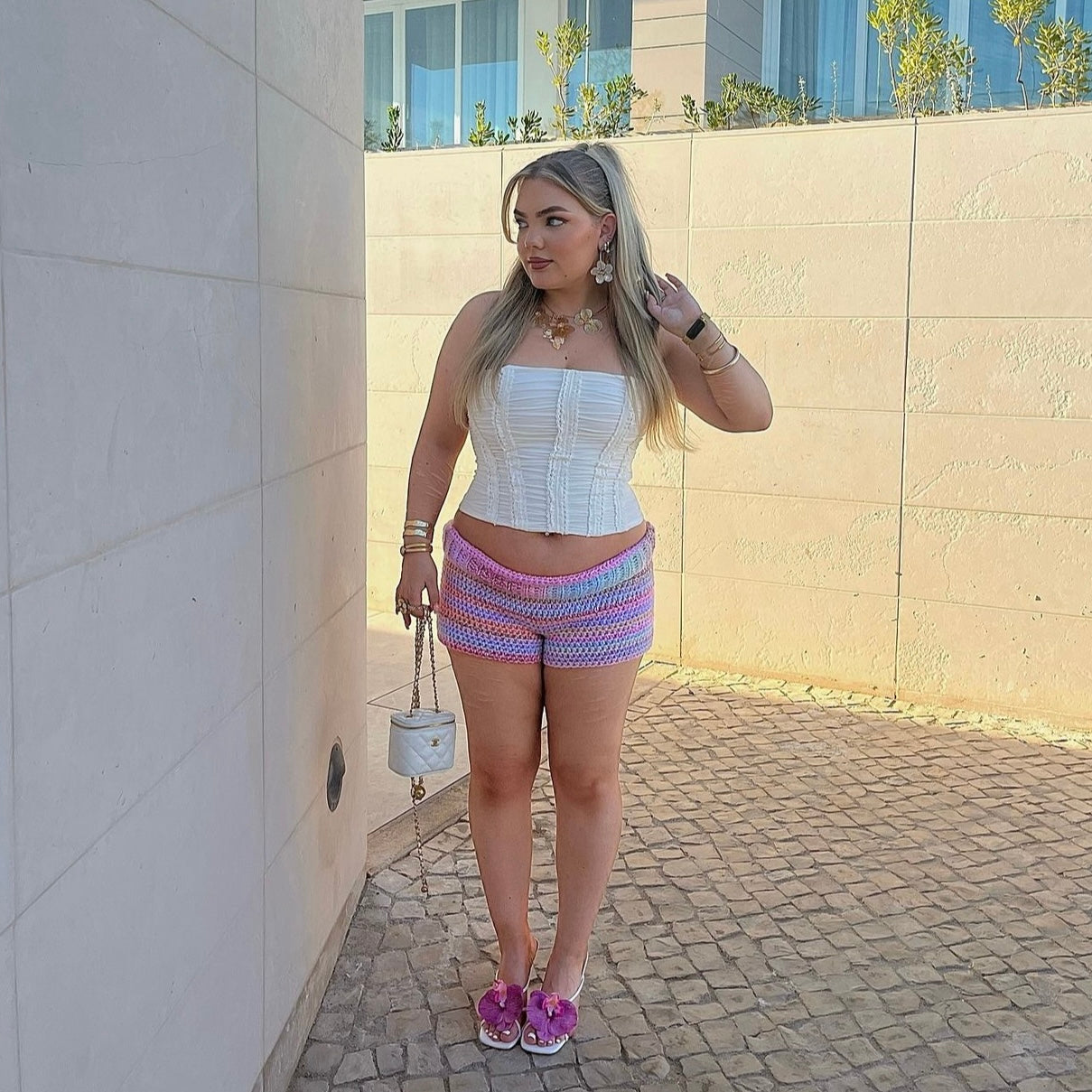 Handmade pastel shades ombré striped crochet shorts