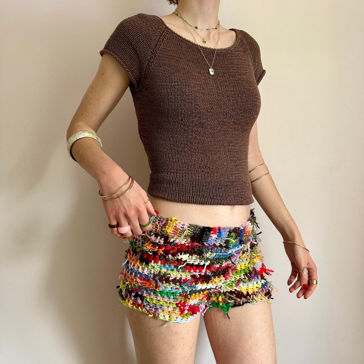 Handmade scrappy crochet shorts - 1 of 1, made of leftover yarn scraps