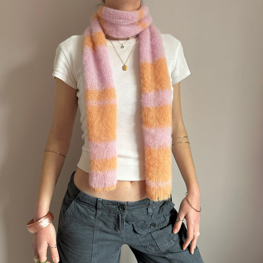 Handmade knitted baby pink and orange brushed mohair striped scarf
