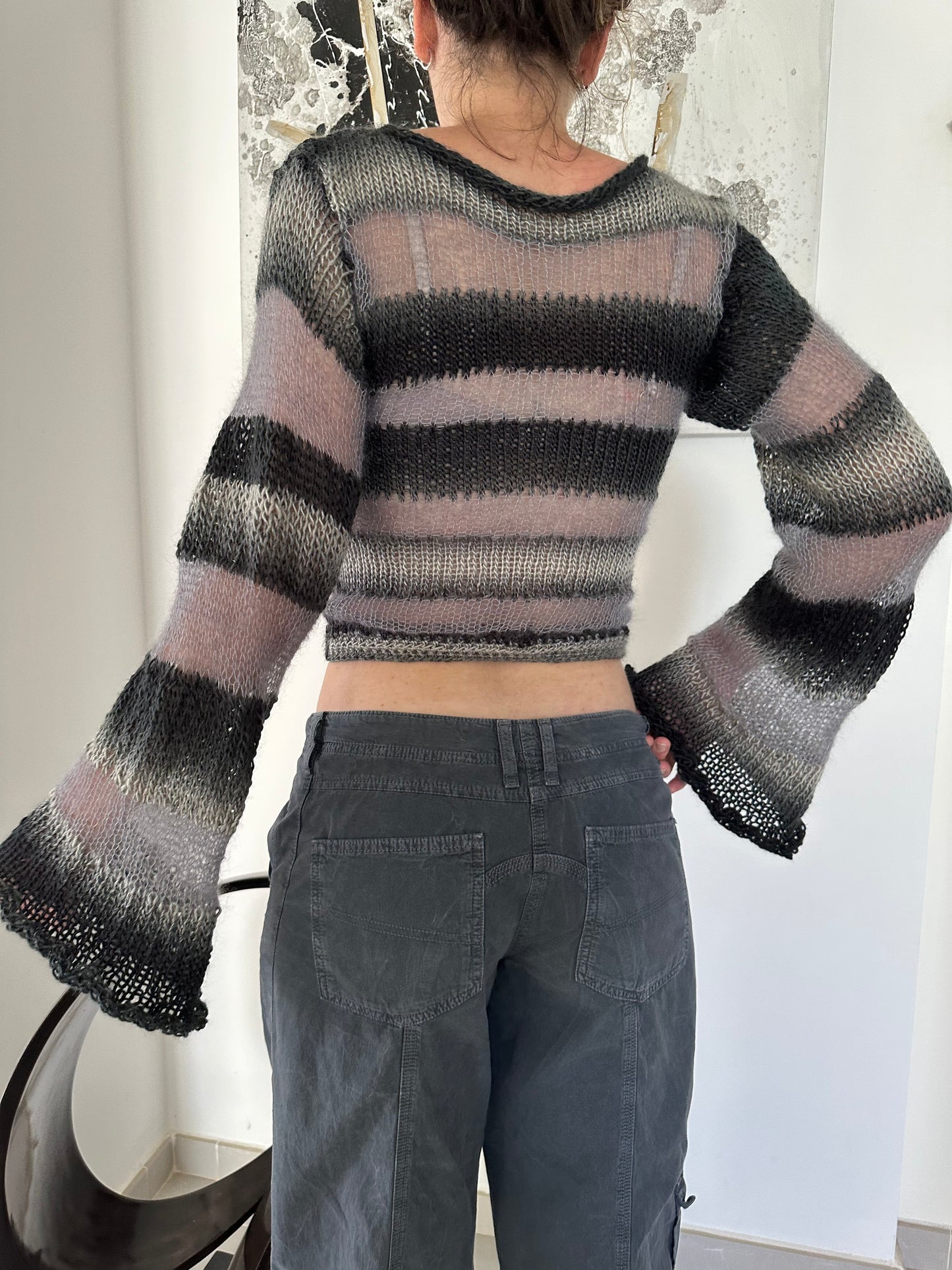 Handmade striped black and grey knitted mohair jumper with flared sleeves