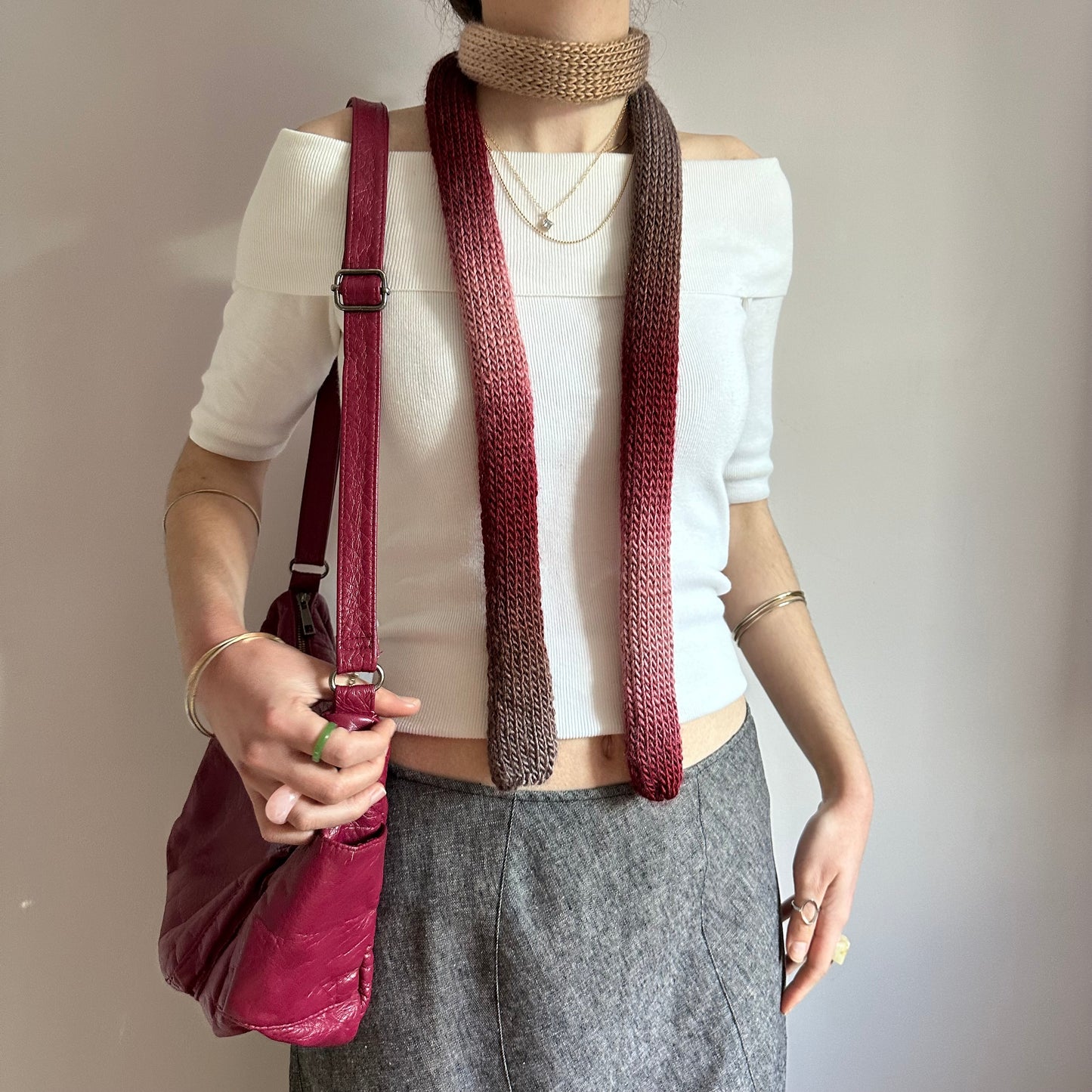 Handmade knitted ombré skinny scarf in burgundy, beige and brown