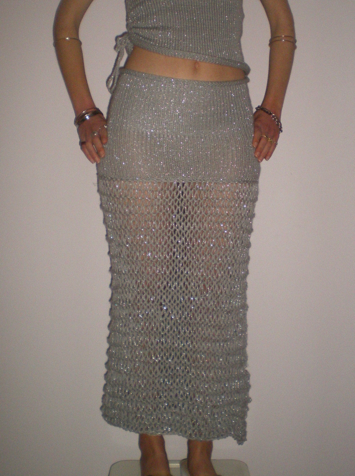 The Chainmail Skirt - handmade silver metallic mesh maxi skirt